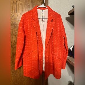 Women’s orange, tweed, blazer, one button jacket.